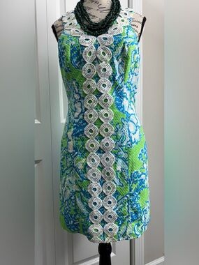 Lilly Pulitzer Blue and Green Beaded-Trim Midi Dress